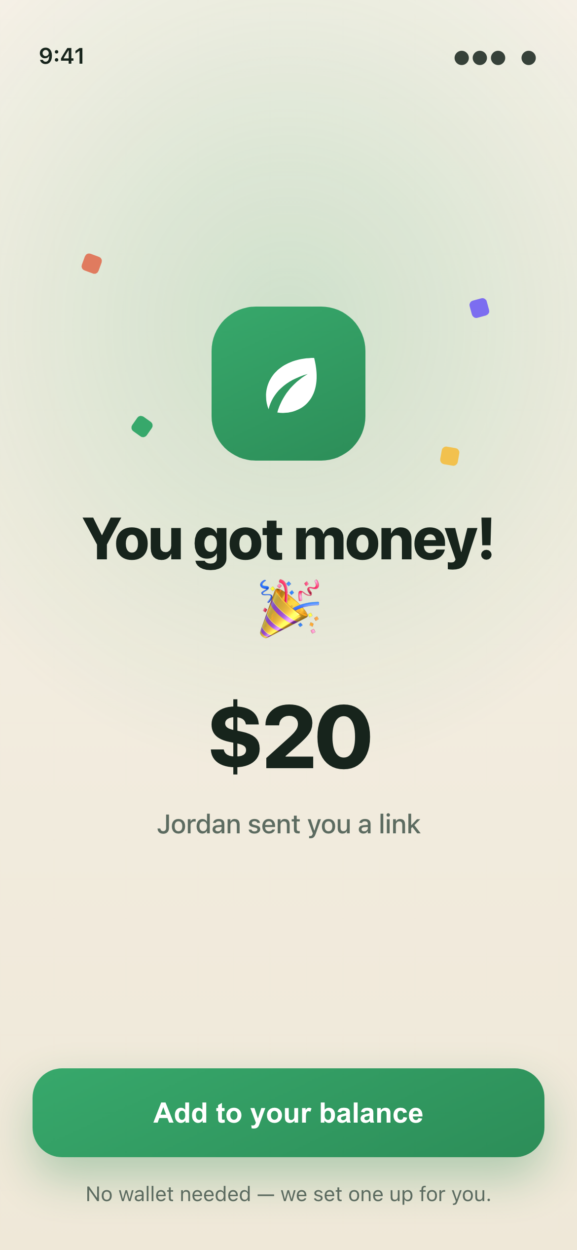 Sprout claim screen — You got money! $20, no wallet needed